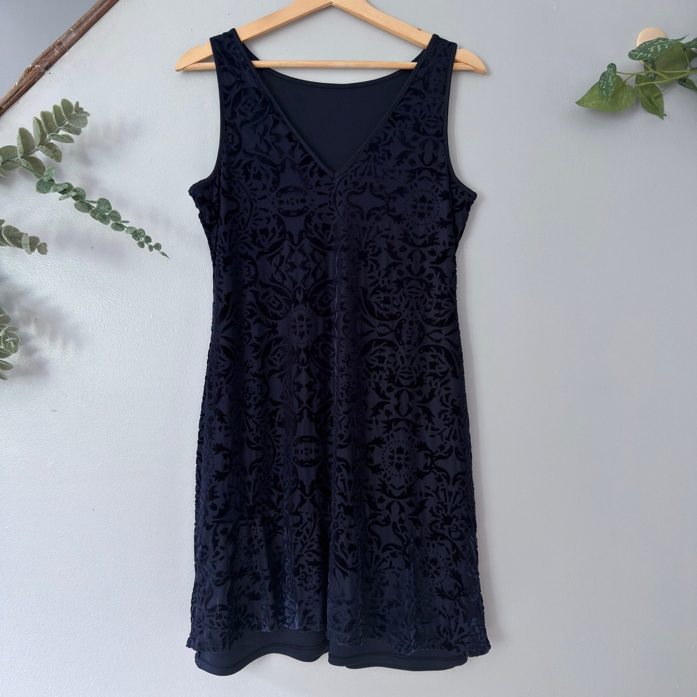 WHBM Dress Velvet Burnout Gothic Victorian Navy Blue Damask V-Neck Sheath S
